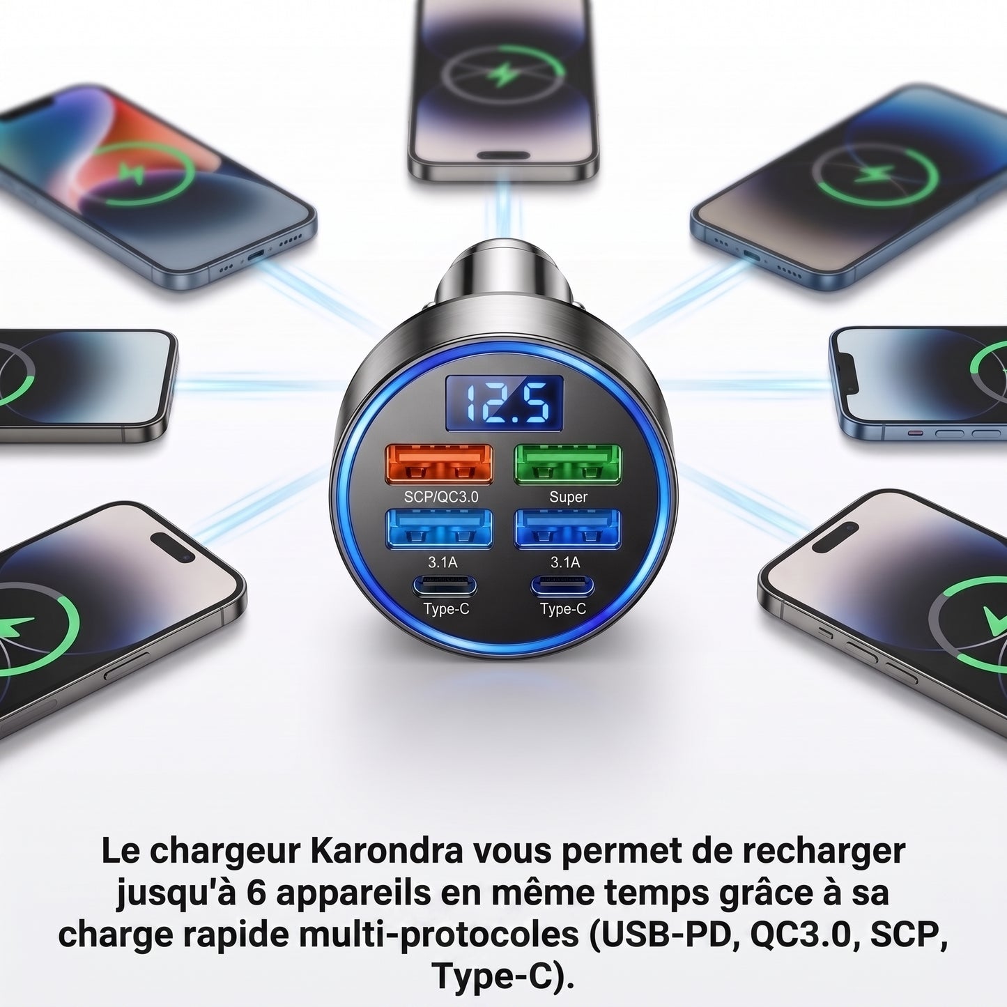 Chargeur Karondra — 100W, Charge Rapide 6 Ports