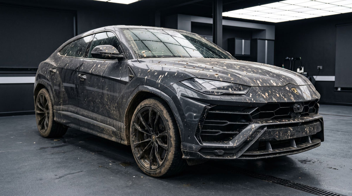 Lamborghini Urus sale avant nettoyage avec le Pistolet Haute Pression Karondra